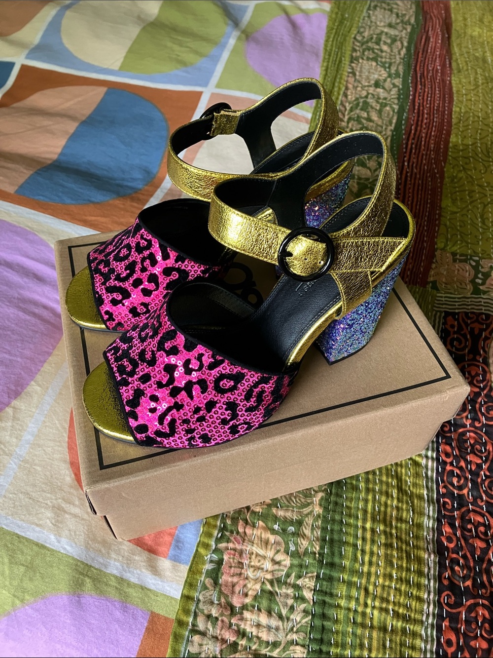 ASOS Pink Leopard Print and Gold Block-Heel Sandals